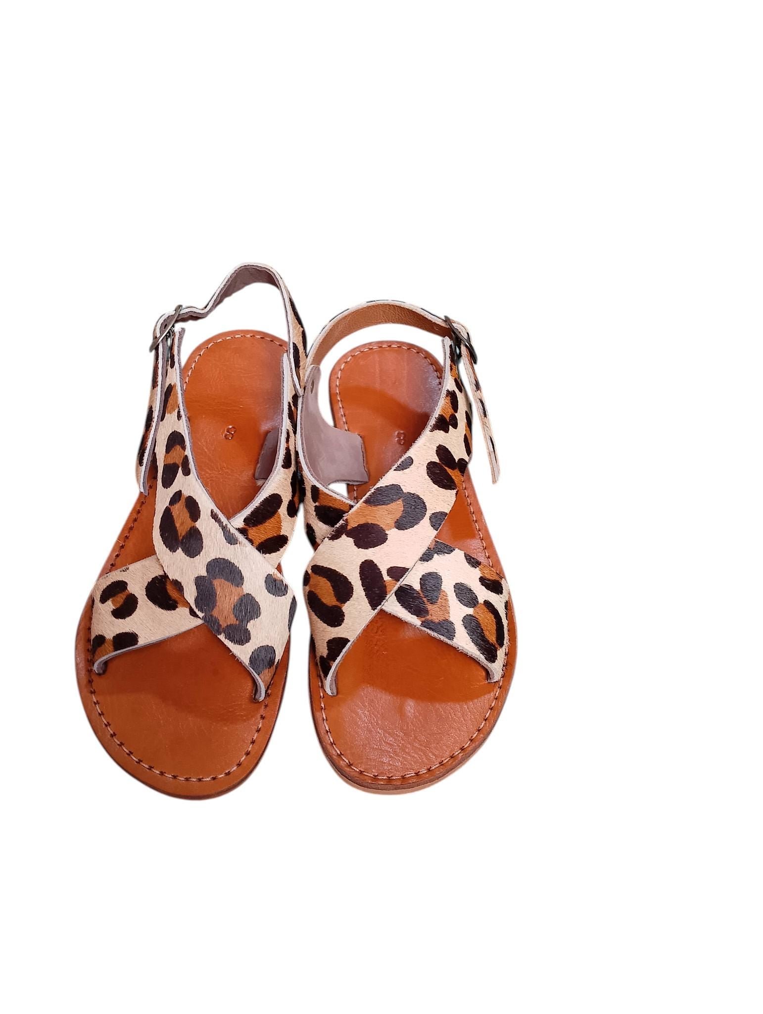 Moroccan Leather Cross-Strap Sandals Women Handmade Leopard Print 6 Colors