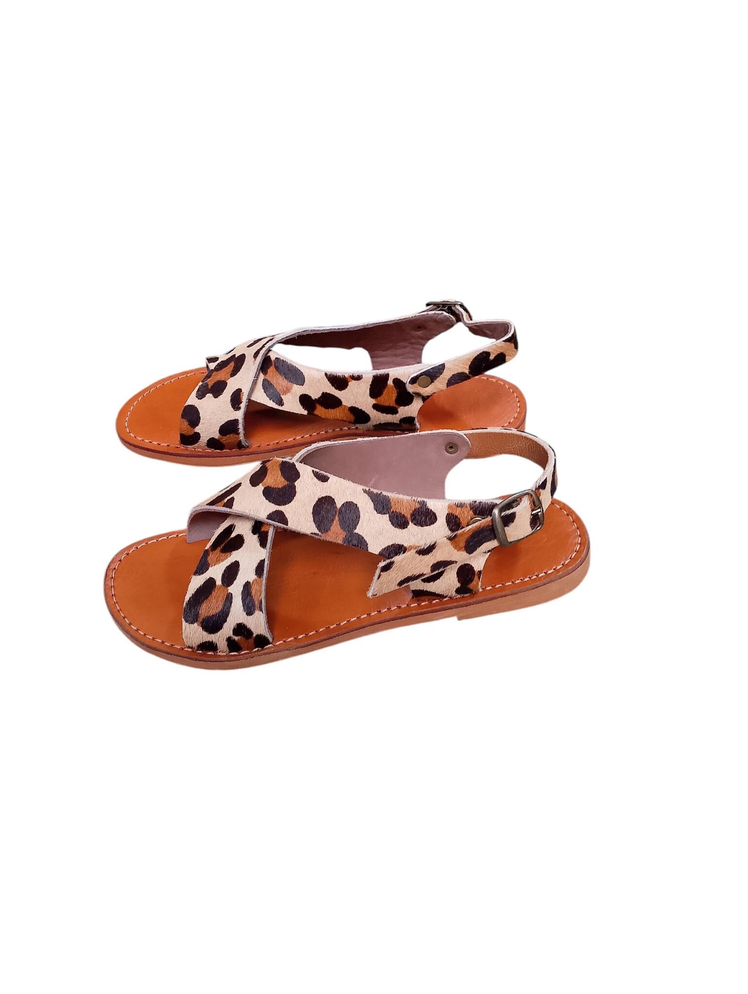 Moroccan Leather Cross-Strap Sandals Women Handmade Leopard Print 6 Colors