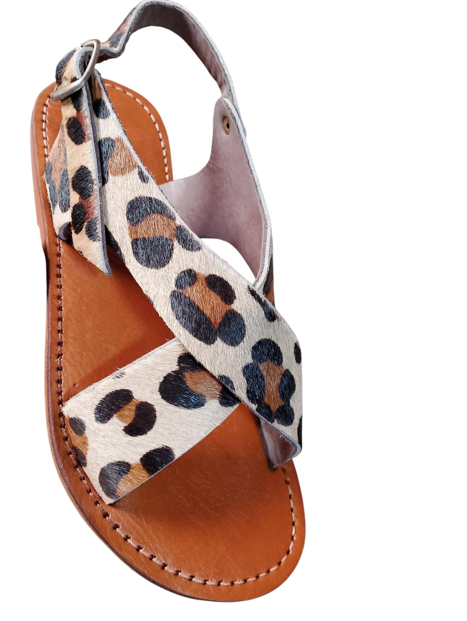 Moroccan Leather Cross-Strap Sandals Women Handmade Leopard Print 6 Colors