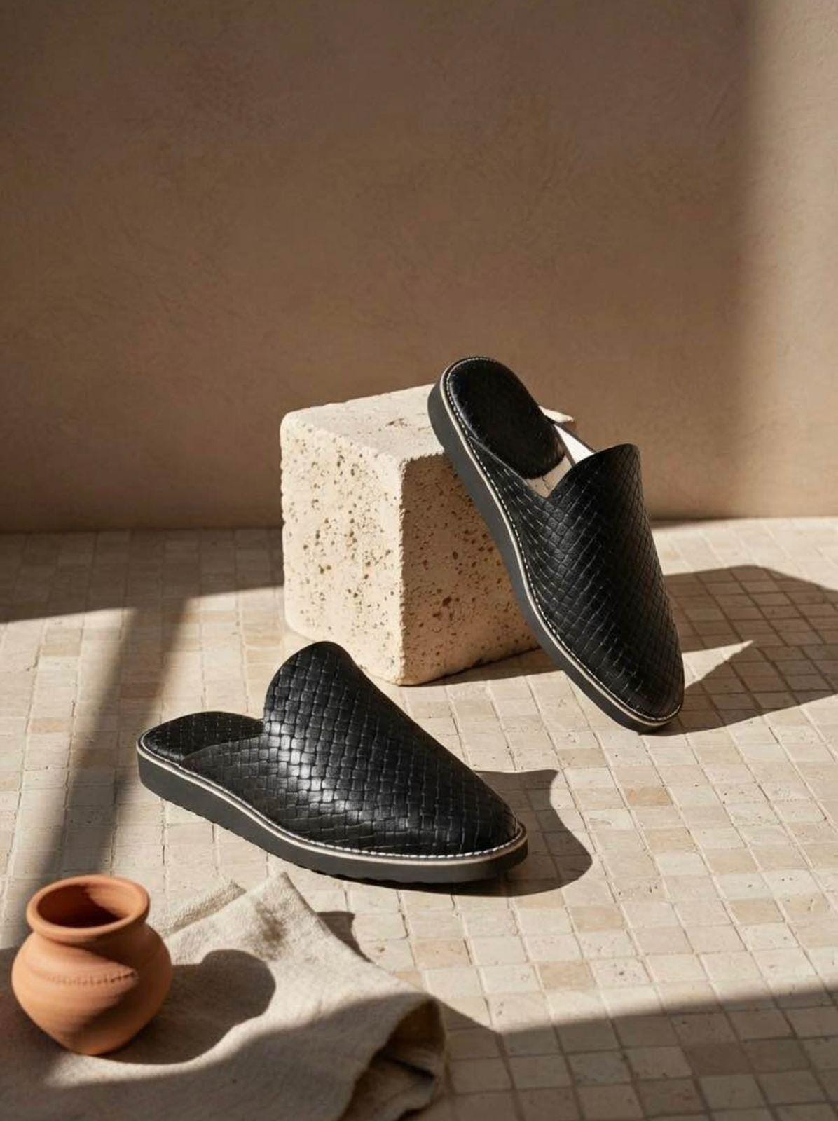 Handmade Moroccan Leather Babouche Slippers | Woven Slip-On Shoes