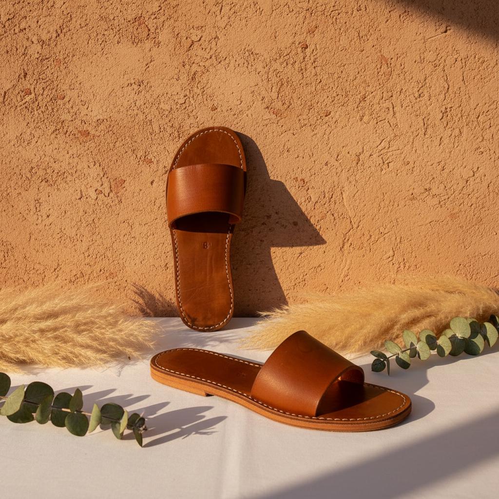 Moroccan Leather Slide Sandals Women Handmade Flat
