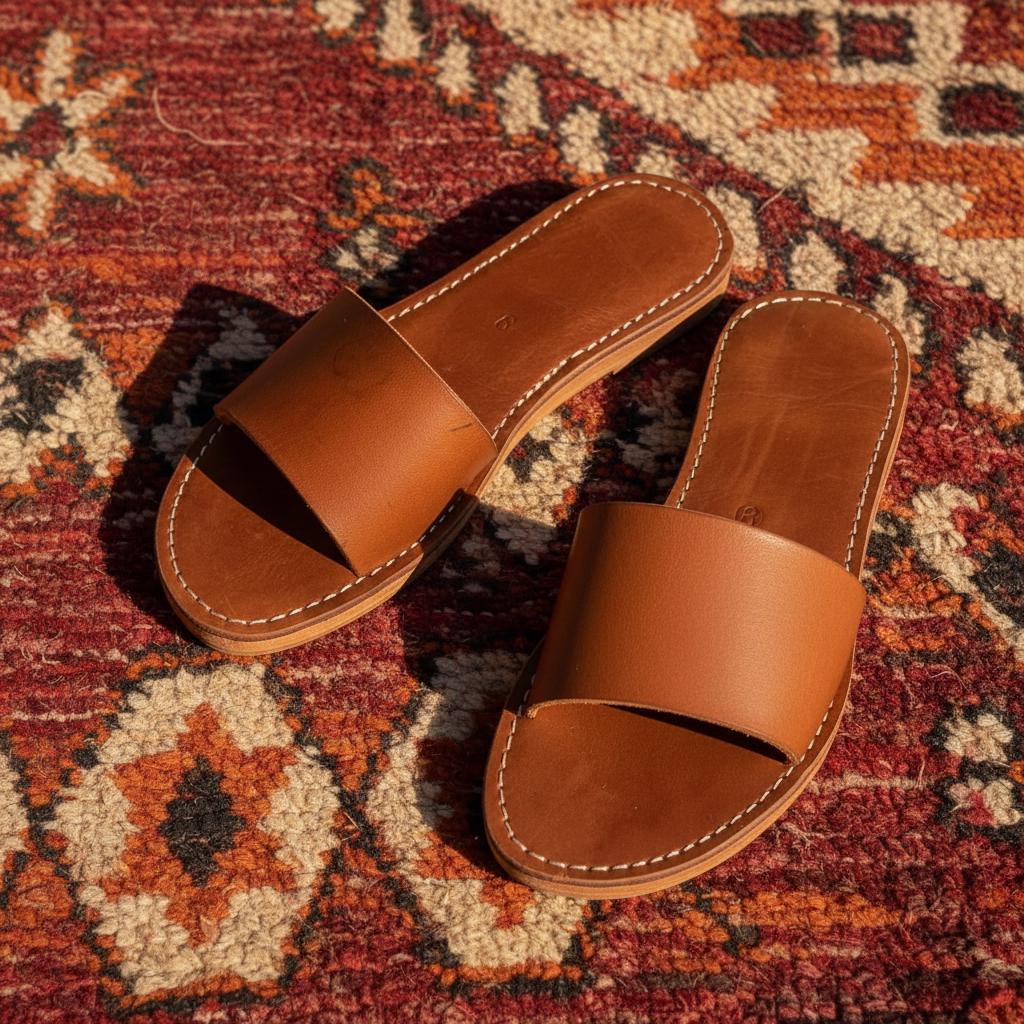 Moroccan Leather Slide Sandals Women Handmade Flat