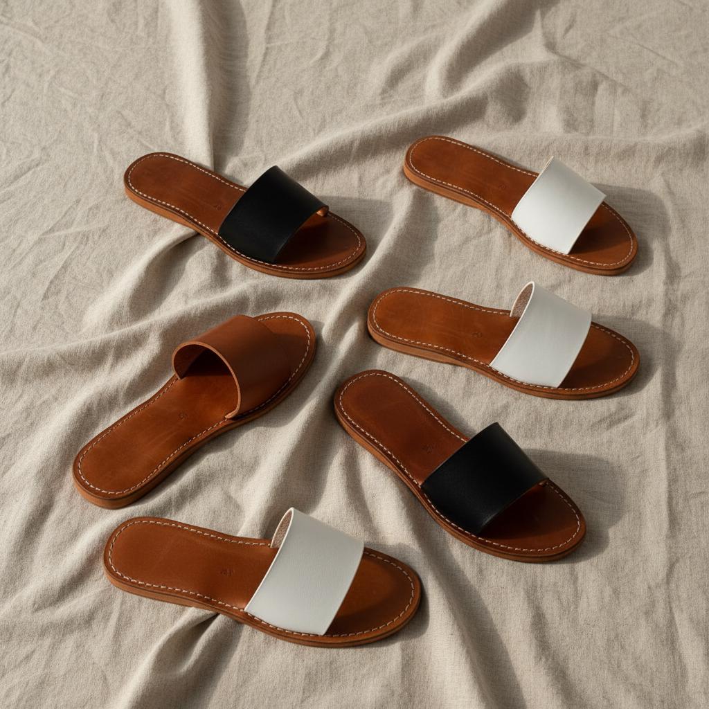 Moroccan Leather Slide Sandals Women Handmade Flat