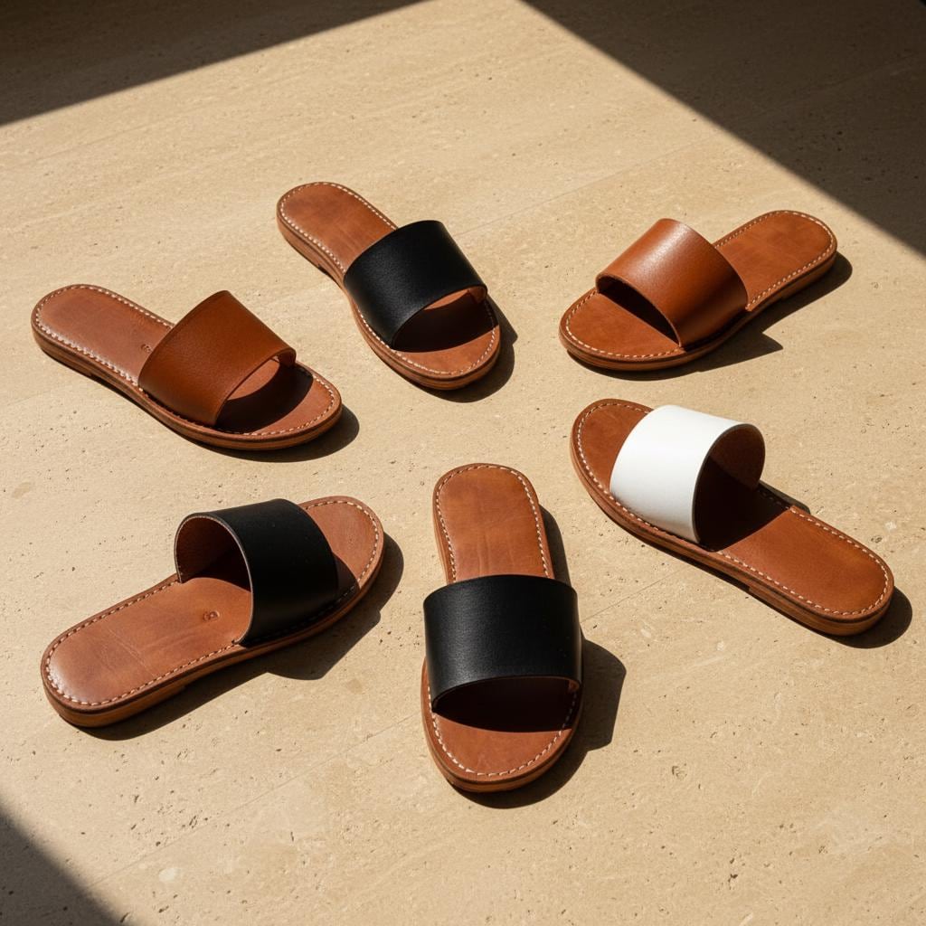 Moroccan Leather Slide Sandals Women Handmade Flat