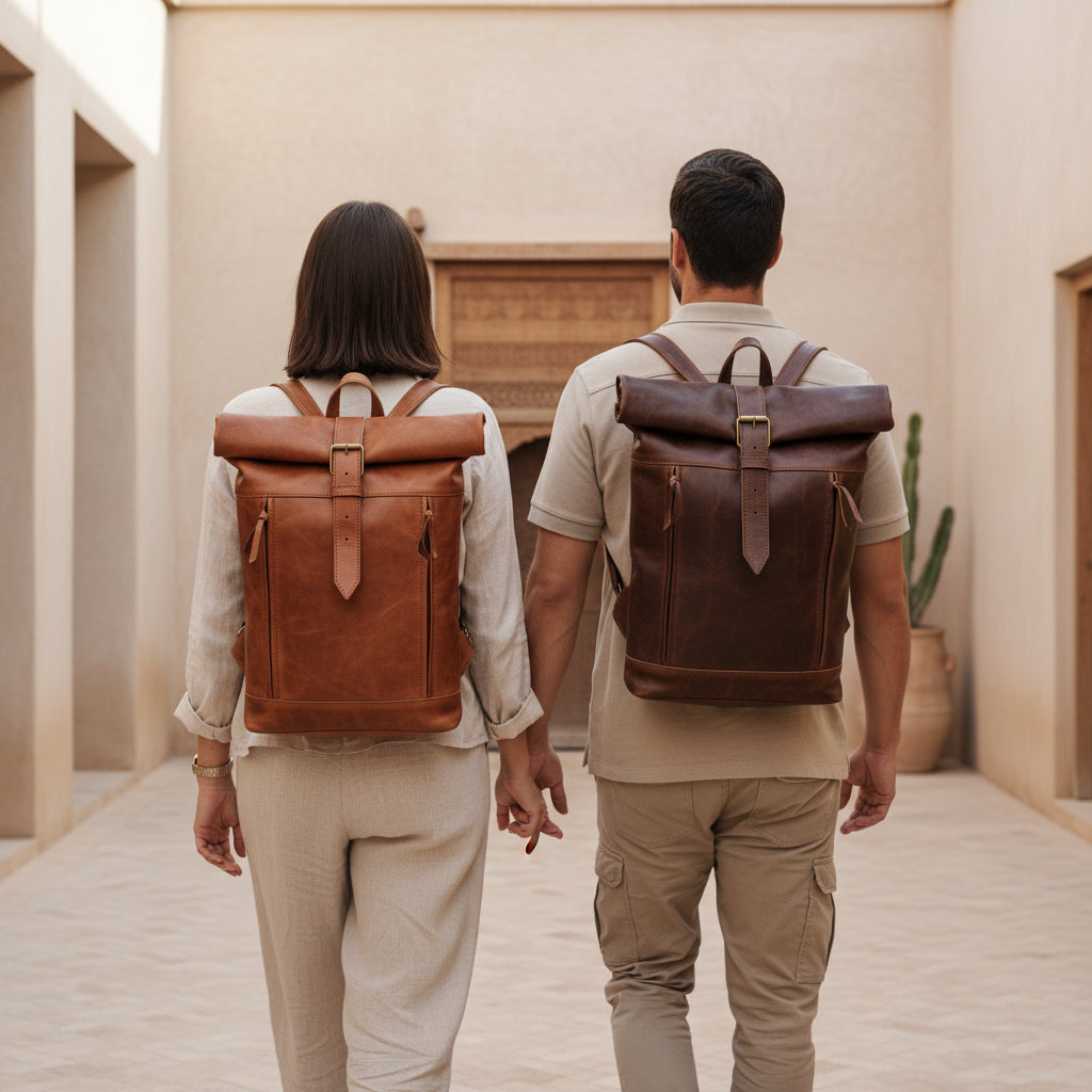 Handmade Moroccan Roll Top Leather Backpack